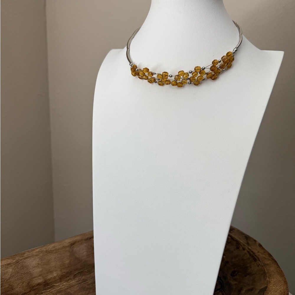Vintage Silver Toned Citrine Colored Beads Choker Necklace